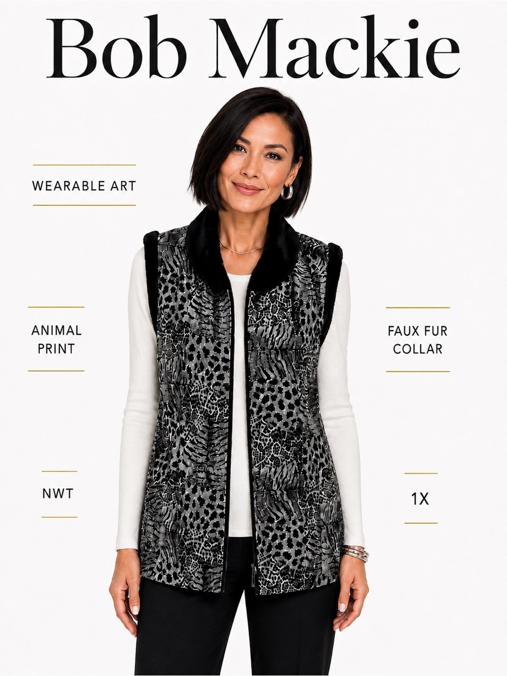 Bob Mackie Leopard Print Vest with faux fur collar and details NWT